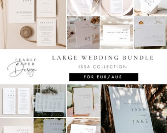 May include: A large wedding bundle with a white background and gold accents. The bundle includes a variety of items, such as invitations, RSVP cards, table numbers, and signage. The text on the items reads "ISSA and JAKE" and "LARGE WEDDING BUNDLE".