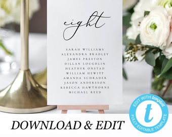 Wedding Table number Seating Chart Cards Template, Table cards Seating Plan, Elegant seating, Templett, Instant Download Fully Editable 10