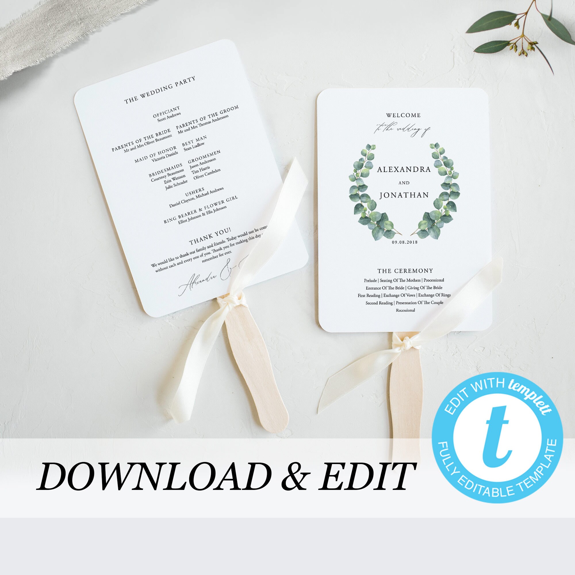 Wedding Program Fan Template Eucalyptus Instant Download Etsy