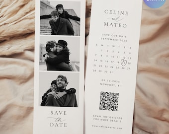 Photo Strip Save the Date Template with QR code and Calendar, Photo Booth Save our Date card, Minimalist Save our date, Canva #CELINE