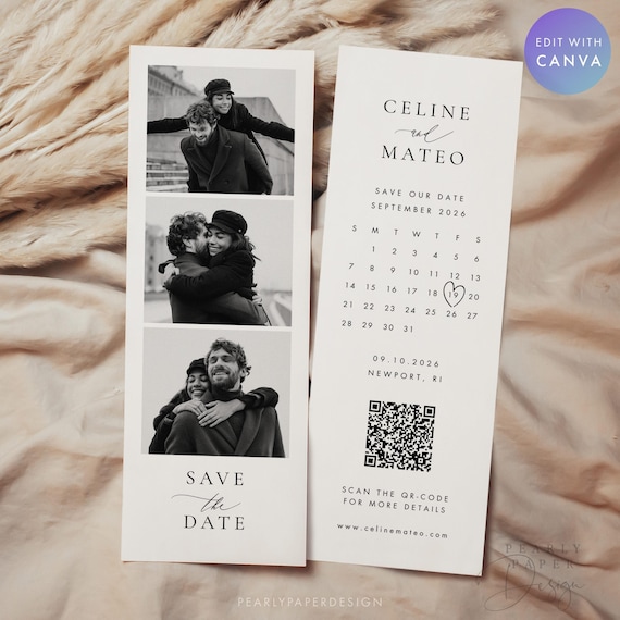 Photo Strip Save the Date Template with QR code and Calendar, Photo Booth Save our Date card, Minimalist Save our date, Canva #CELINE