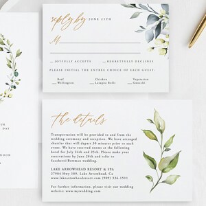 May include: A wedding RSVP card with a watercolor floral design. The card includes a section for guests to indicate their attendance and meal choice. The text on the card reads "reply by June 25th" and "the details".