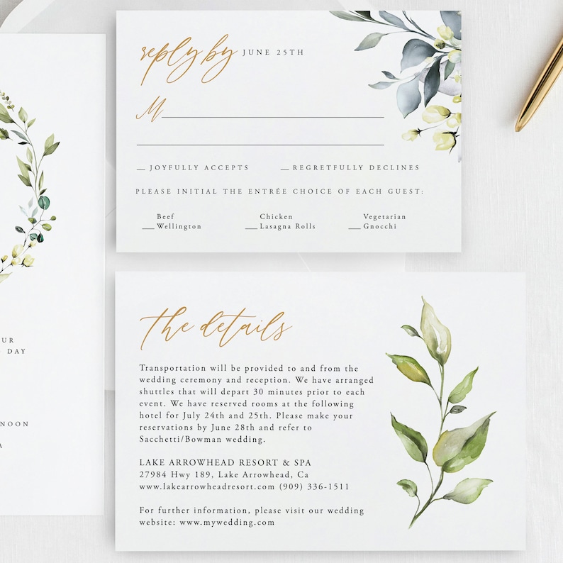 May include: A wedding RSVP card with a watercolor floral design. The card includes a section for guests to indicate their attendance and meal choice. The text on the card reads "reply by June 25th" and "the details".