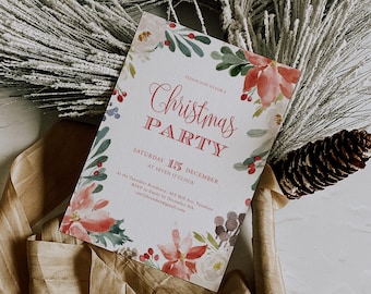 May include: A Christmas party invitation with a watercolor floral design in shades of red, pink, and white. The text reads "Please join us for a Christmas Party, Saturday 15 December at seven o'clock, at the Saunders Residence, 465 Hill Ave, Pasadena. RSVP to Emily by December 8th, emilybrandon@gmail.com".
