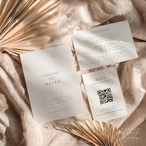 Wedding Invitation Bundle with RSVP QR Code, Minimalist Wedding Invitation Set, Online Rsvp, Details Card, Editable Template #CELINE