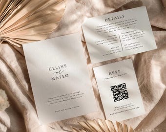 May include: A wedding invitation suite with a minimalist design. The invitation card features the names "Celine & Mateo" in a simple font. The details card includes information about the reception, accommodations, and RSVP details. The RSVP card has a QR code for guests to respond.