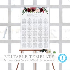 Alphabetical seating chart template Burgundy Wedding Seating Chart Marsala Alphabetized Printable Seating Plan Editable Sign Templett 12