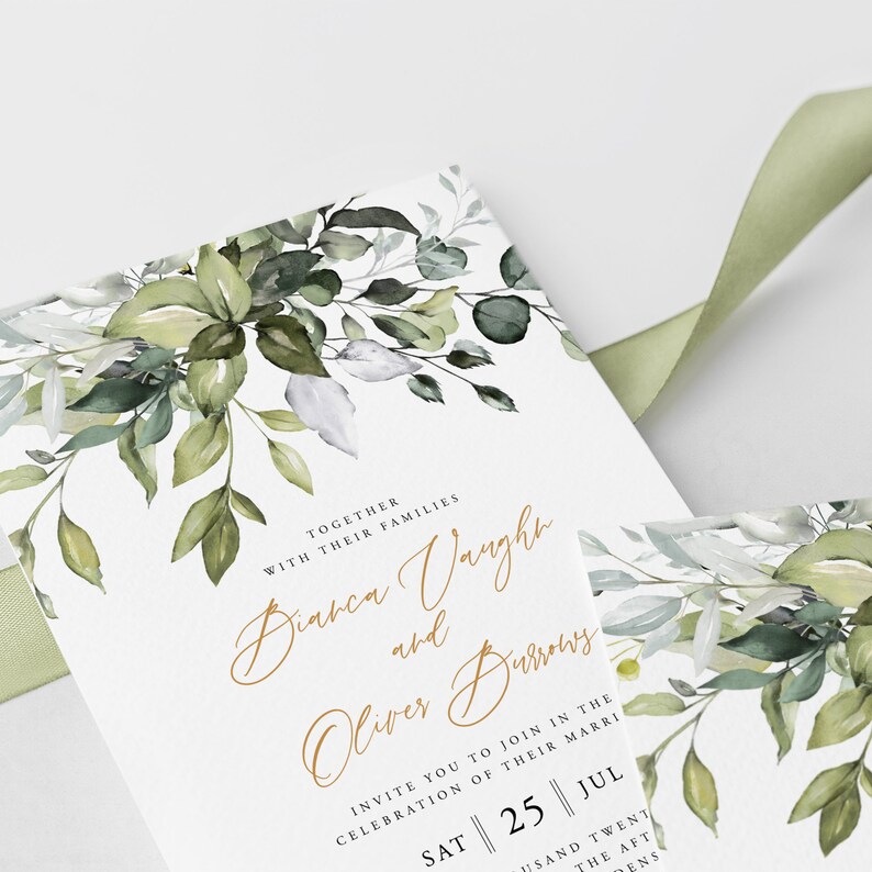 May include: A wedding invitation with a watercolor design of green leaves and branches. The invitation reads "Together with their families Bianca Vaughn and Oliver Burrows invite you to join in the celebration of their marriage Sat 25 Jul"