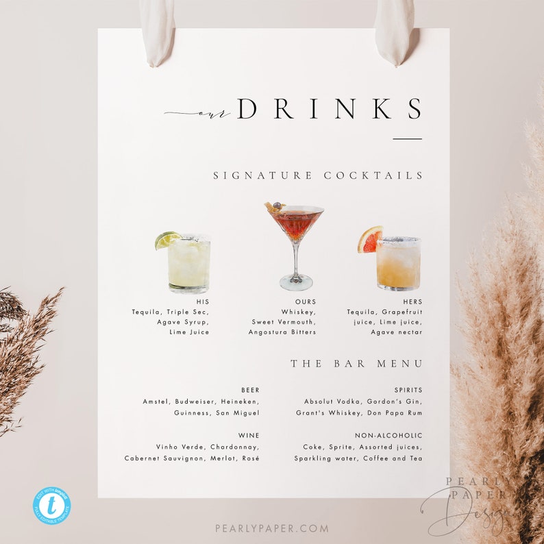 Printable Bar Menu Template Signature Cocktails Sign Download Elegant Wedding Bar Sign Modern Sign Signature Drink Sign Templett #36 