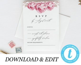 May include: A white RSVP card with pink floral design. The text reads "RSVP by August twelfth". The card has lines for guests to indicate if they will accept or decline the invitation and a space for dietary requirements.
