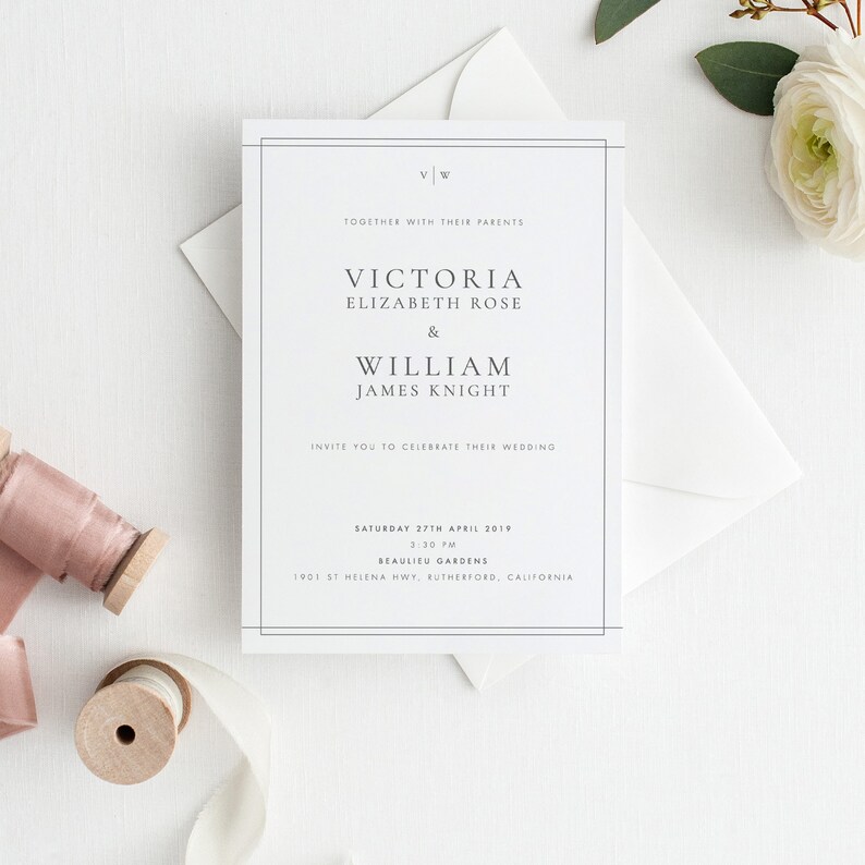 May include: A white wedding invitation with black text. The invitation announces the wedding of Victoria Elizabeth Rose and William James Knight. The wedding will take place on Saturday, April 27th, 2019 at 3:30 PM at Beaulieu Gardens, 1901 St Helena Hwy, Rutherford, California.