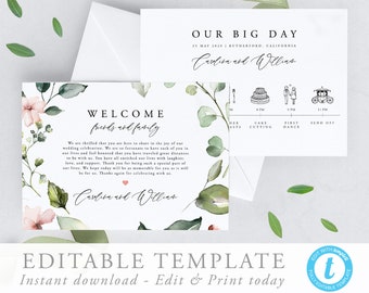 Plantilla de cronograma de boda Itinerario floral del día de la boda Bolsa de bienvenida Nota Programa de la boda Orden de eventos imprimible Icono de boda 17