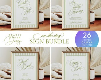 Sage Green Striped Wedding Signage Bundle, Editable Reception Table Signs (Canva) #JJ2607