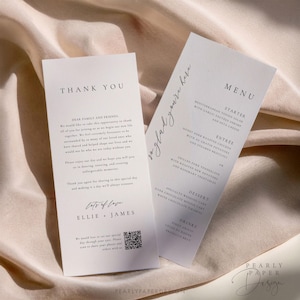 May include: A white wedding thank you card with a simple black font. The card says "Thank You" and includes a message to family and friends. The card also includes a QR code and the text "Lots of love, Ellie + James".