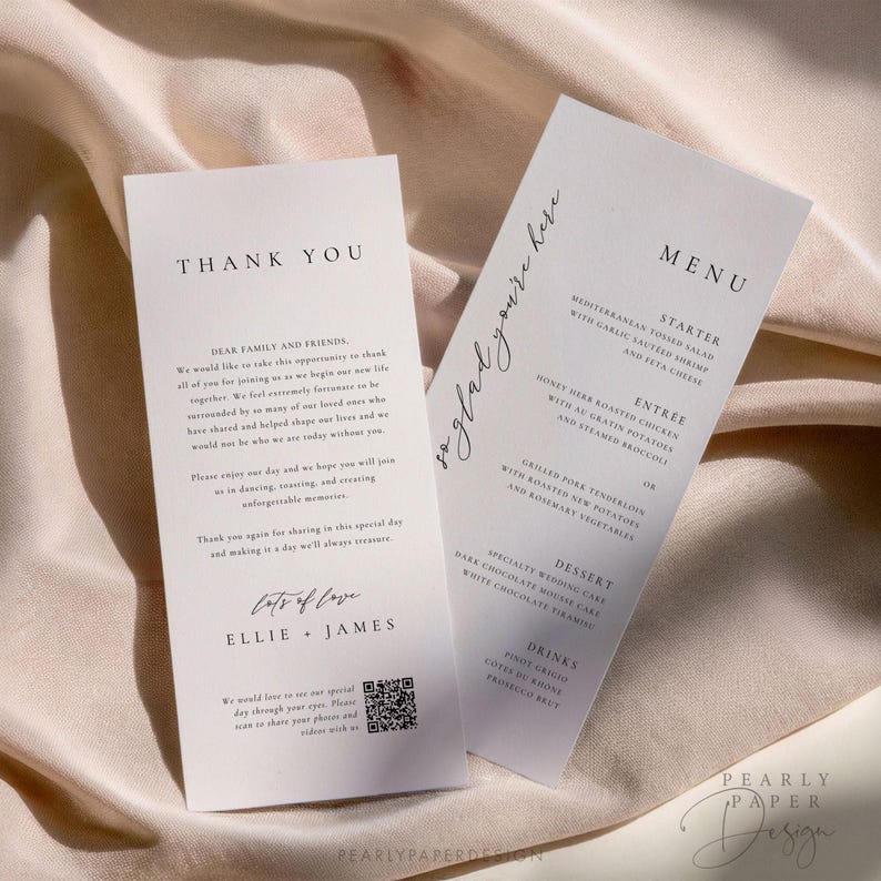 May include: A white wedding thank you card with a simple black font. The card says "Thank You" and includes a message to family and friends. The card also includes a QR code and the text "Lots of love, Ellie + James".