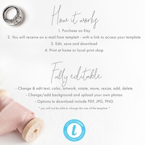 May include: A digital template for a wedding invitation. The template is fully editable and can be customized with text, colors, artwork, and photos. The template can be downloaded in PDF, JPG, or PNG format. The text on the image reads "How it works" and "Fully editable".