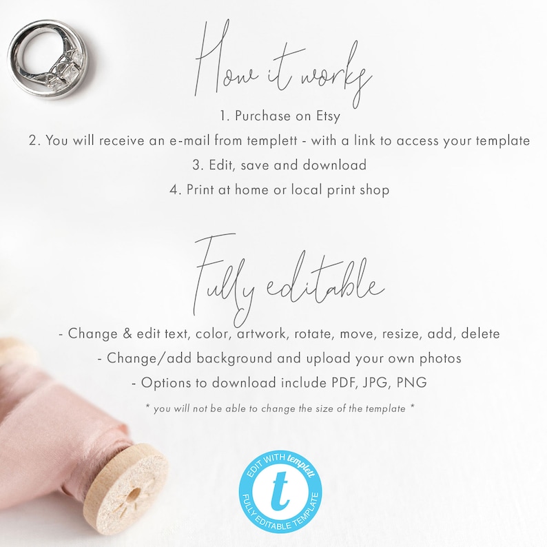 May include: A digital template for a wedding invitation. The template is fully editable and can be customized with text, colors, artwork, and photos. The template can be downloaded in PDF, JPG, or PNG format. The text on the image reads "How it works" and "Fully editable".