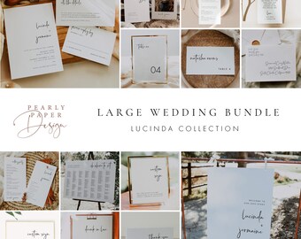 May include: A large wedding bundle with a variety of printable items, including a seating chart, table numbers, welcome sign, and thank you cards. The items are all in a minimalist style with a neutral color palette.