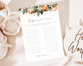 Orange Baby Name Race Game Template, Citrus Baby A-Z Game, A Little Cutie Baby Name Game Download, Rustic Baby Shower Game, Templett #079