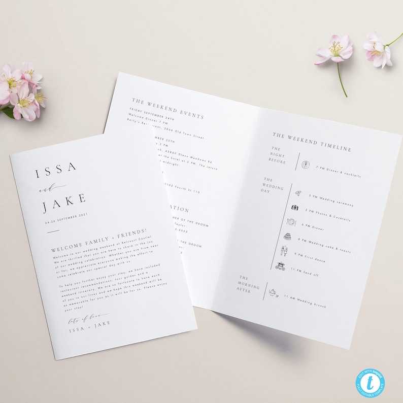 May include: A wedding invitation with a white background and black text. The invitation includes the names "ISSA & JAKE" and the date "24.24 SEPTEMBER 2021". The invitation also includes a welcome message to family and friends, a weekend events schedule, and a wedding timeline.