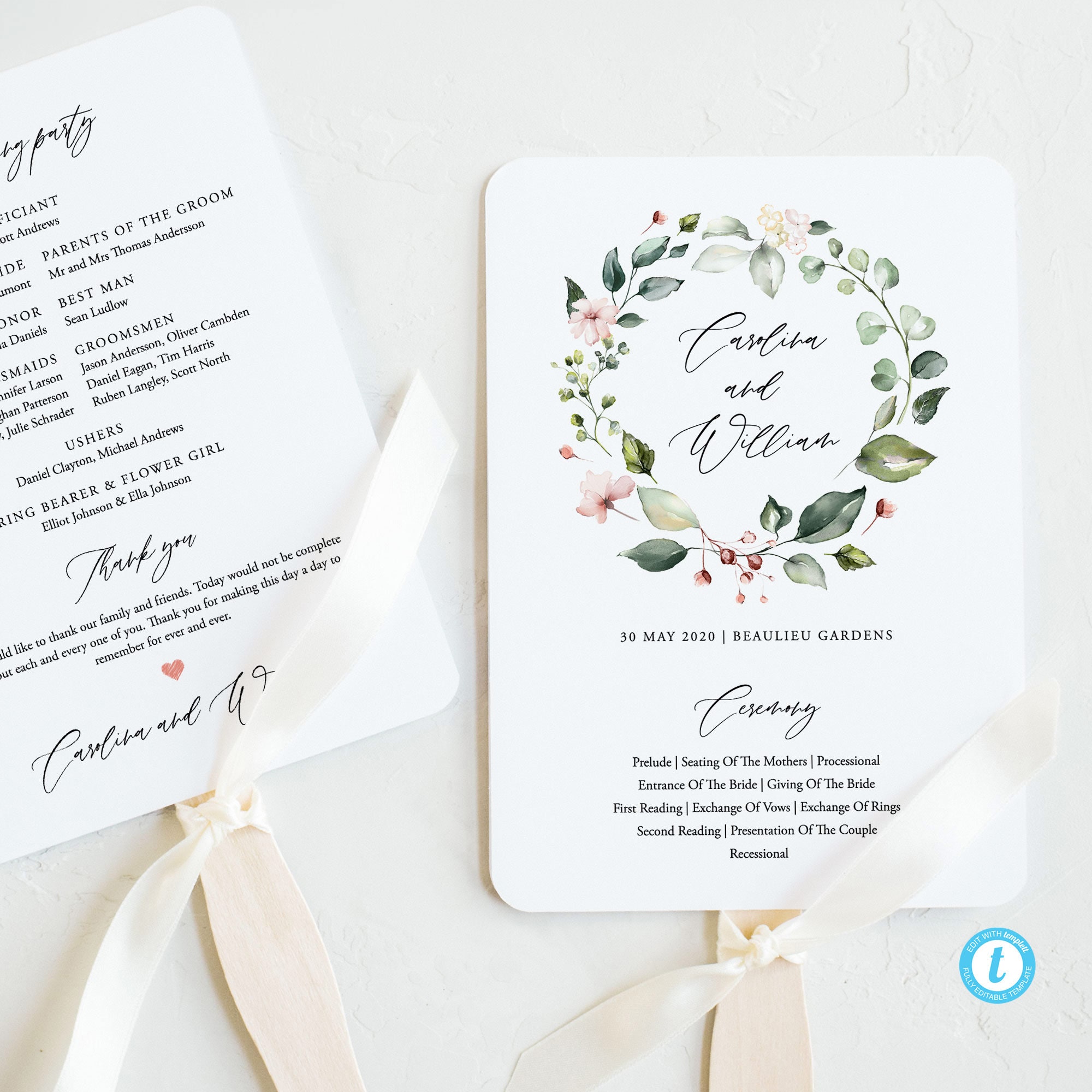 Wedding Program Fan Printable Wedding Ceremony Fan Template - Etsy