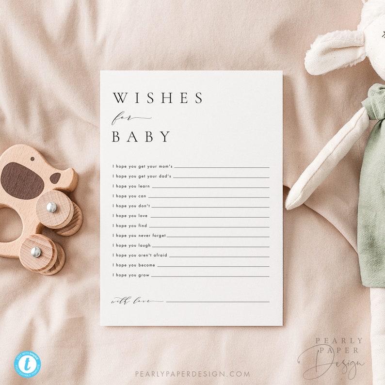 Może przedstawiać: Drukowana karta na baby shower z tekstem "WISHES for BABY" i listą życzeń dla dziecka, takich jak "Mam nadzieję, że dostaniesz to od swojej mamy", "Mam nadzieję, że dostaniesz to od swojego taty", "Mam nadzieję, że się nauczysz", "Mam nadzieję, że pokochasz", "Mam nadzieję, że znajdziesz", "Mam nadzieję, że nigdy nie zapomnisz", "Mam nadzieję, że będziesz się śmiać", "Mam nadzieję, że nie będziesz się bać", "Mam nadzieję, że staniesz się", "Mam nadzieję, że będziesz rosnąć" i "z miłością".