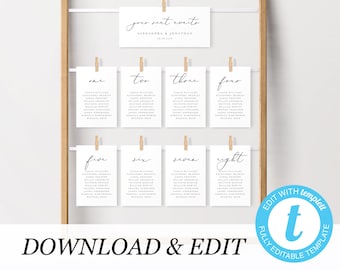 Modello di tabella dei posti a sedere per matrimonio, Semplici segnaposti, Posti a sedere eleganti, Templett, Download immediato completamente modificabile Templett 10