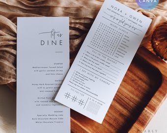 Wedding Menu Activity Game Template, Minimalist Wedding Game Sheet Menu Cards, Wedding Activity Game Card, Editable Canva #064 NORA