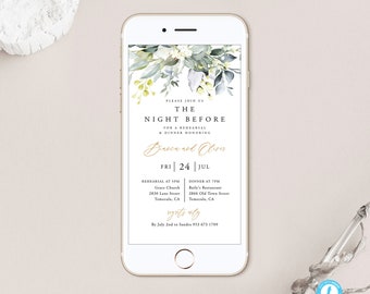 May include: A digital invitation for a rehearsal dinner with a floral design. The invitation reads "Please join us The Night Before for a rehearsal & dinner honoring  Diana and Oliver. Fri 24 Jul. Rehearsal at 5pm Grace Church 2830 Lane Street Temecula, CA. Dinner at 7pm Baily's Restaurant 2866 Old Town Street Temecula, CA. RSVP by July 2nd to Sandra 953 673 1709."