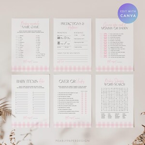 May include: A collection of six baby shower game cards with pink gingham borders. Games include "Baby Name Game", "Predictions & Advice", "Guess Who Said Mommy or Daddy", "Baby Items A-Z", "Over or Under", and "Baby Shower Word Search".