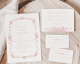 Convite para Chá de Bebê com Estampa Floral Rosa, Livros para Chá de Bebê, Sorteio de Fraldas para Chá de Bebê com Estampa Toile, Pacote para Chá de Bebê, Templett #077