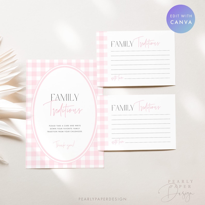 May include: A collection of family tradition cards in pink and white. The main card features a pink gingham pattern and the words "Family Traditions." Two additional cards are included, each with the same text.