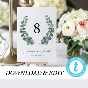 Rustic table numbers template Eucalyptus, Templett, printable template, wedding DIY table numbers, Printable pdf, instant download 04