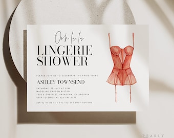 May include: A lingerie shower invitation featuring a watercolor illustration of a red corset with garters. The invitation includes the text "Lingerie Shower" and event details for Ashley Townsend.