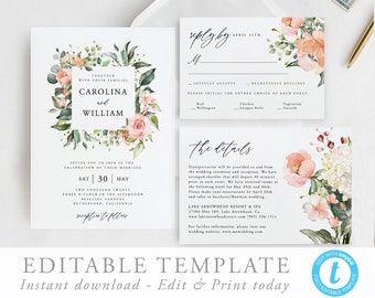 Floral Wedding Invitation Suite Invitation Template Rustic Wedding Invites Watercolor floral Peach Wedding invite 17