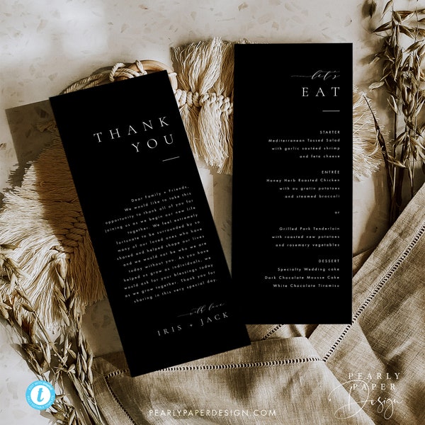 Black and White Thank you and Menu Template Download Modern Wedding Menu Modern Menu Cards Editable Menu wedding DIY menu #B48