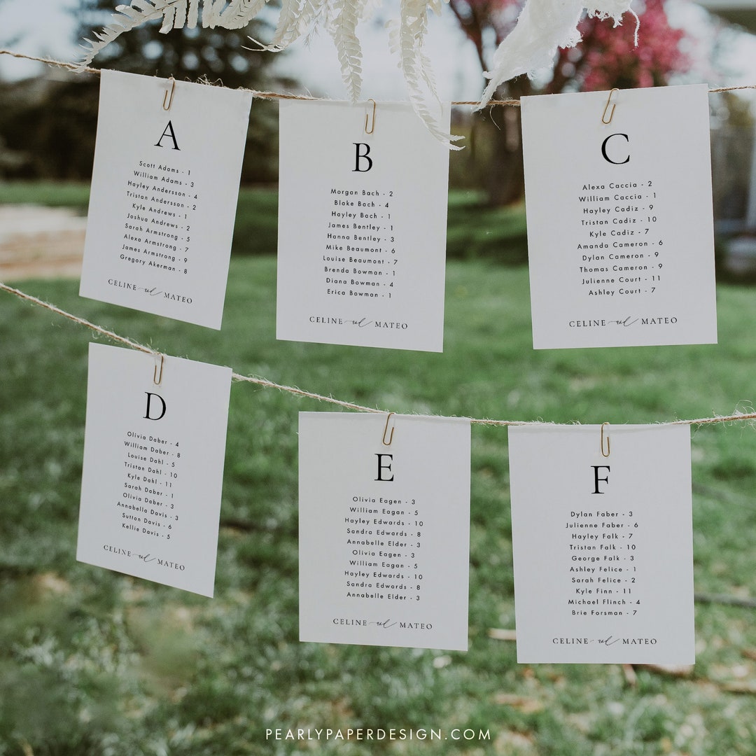Elegant Seating Chart Cards Template, Alphabetical Seating Plan, Table