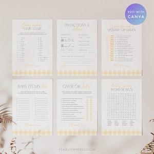 Może przedstawiać: Zestaw sześciu kart do gier na baby shower z ż&oacute;łtą obw&oacute;dką w kratkę. Gry obejmują "Baby Name Game", "Predictions & Advice", "Guess Who Said Mommy or Daddy", "Baby Items A-Z", "Over or Under" i "Baby Shower Word Search".