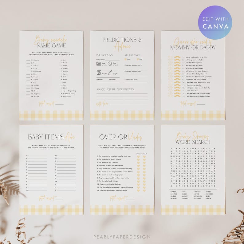 Może przedstawiać: Zestaw sześciu kart do gier na baby shower z ż&oacute;łtą obw&oacute;dką w kratkę. Gry obejmują "Baby Name Game", "Predictions & Advice", "Guess Who Said Mommy or Daddy", "Baby Items A-Z", "Over or Under" i "Baby Shower Word Search".