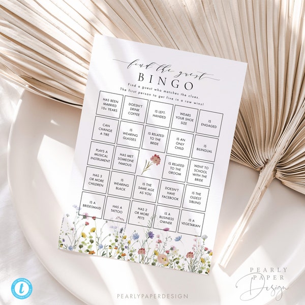 Find the Guest Bingo Game Template, Floral Bridal Bingo, Wildflower Bridal Shower Games, Find the Guest Bingo, Boho Bridal Bingo #073