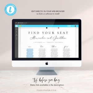 May include: A digital screen displaying a wedding seating chart template with the text "Find Your Seat" and the names "Alexandre and Jonathan". The template is designed for a wedding reception with four tables labeled "One", "Two", "Three", and "Four".