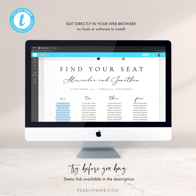 May include: A digital screen displaying a wedding seating chart template with the text "Find Your Seat" and the names "Alexandre and Jonathan". The template is designed for a wedding reception with four tables labeled "One", "Two", "Three", and "Four".