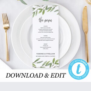 Printable Wedding Menu, Rustic Wedding Menu Template, Greenery Menu Cards, Instant Download, Editable Menu, Boho Wedding Printable 01
