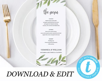 Printable Wedding Menu, Rustic Wedding Menu Template, Greenery Menu Cards, Instant Download, Editable Menu, Boho Wedding Printable 01