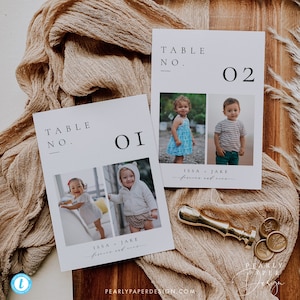 Modelo de número de mesa de fotos elegante, cartão de mesa de fotos de bebê, cartão de número de mesa minimalista, números de mesa de casamento infantil, Templett #ISSA