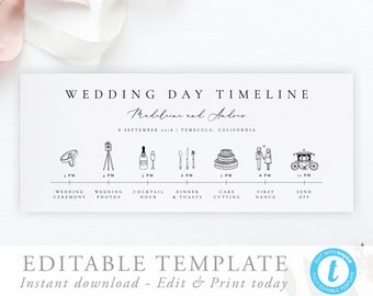 Modern Wedding Day Timeline Card Template Simple Wedding Itinerary Editable Order of Events Wedding schedule Wedding Icons #10