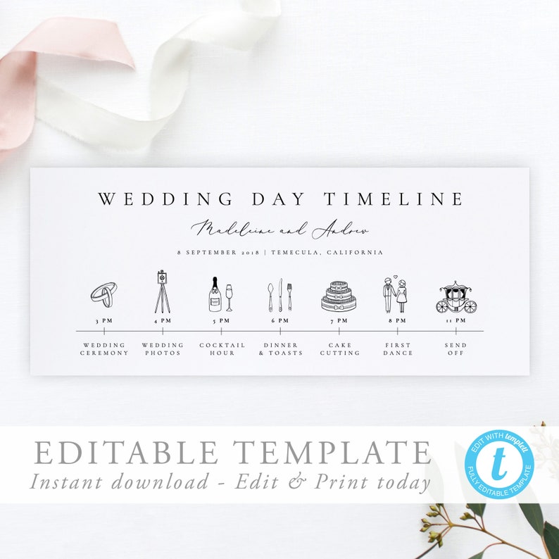 modern wedding day timeline card template simple wedding wedding day template