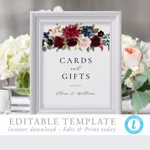 Modèle modifiable enseigne pour cartes et cadeaux Plaque de table cadeau bordeaux Cadeaux imprimables Plaque de mariage Plaque de réception Templett 12
