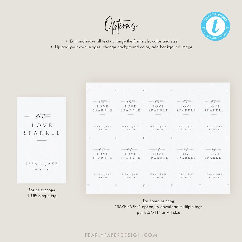 May include: A template for wedding tags with the words "Love Sparkle" in elegant script. The design includes options for single tags and multiple tags per sheet, with space for names and a date. The template is for print shops and home printing.