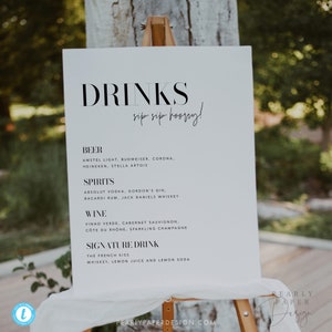 Bar Menu Sign Template, Drinks Menu Minimalist Bar Menu Sign Modern Sign Wedding Printable Bar Menu Wedding Drinks Sign Templett #059